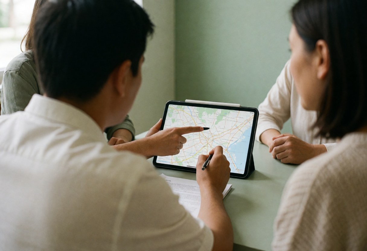 A travel agent points to a digital map on a tablet while consulting with seated clients at a table.