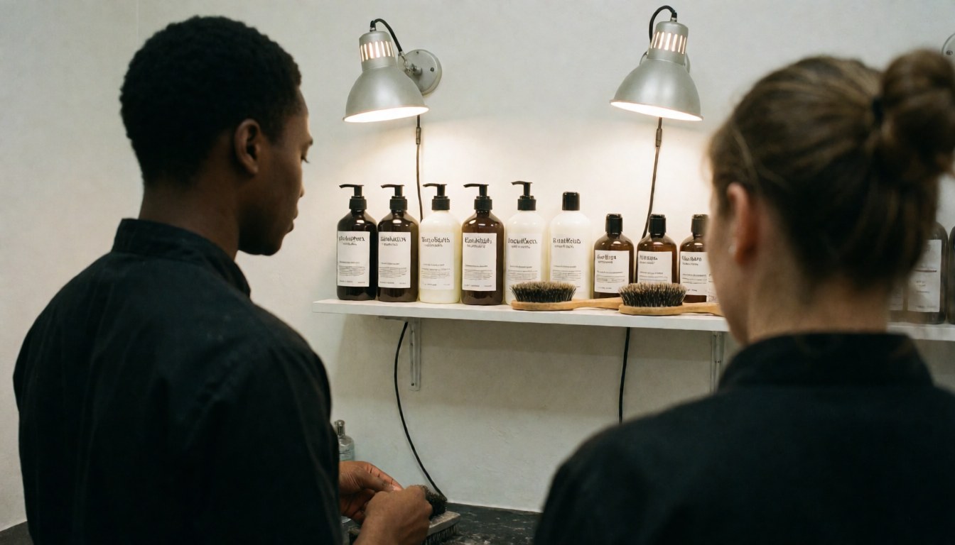 A dog grooming professional working in a salon with shelves of products and lights over the counter.