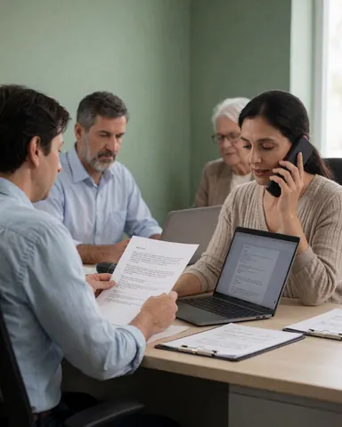 A woman speaks on her cell phone while colleagues review documents in an office meeting with olive green walls.