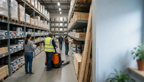 Worker using a pallet jack in a hardware store warehouse with shelves of paint and wood boards, leaving space on the right for text.