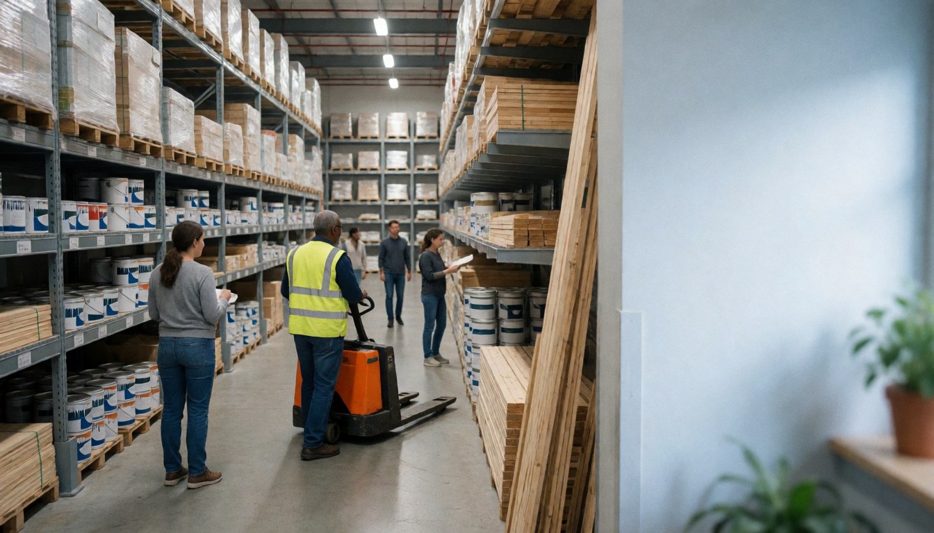 Worker using a pallet jack in a hardware store warehouse with shelves of paint and wood boards, leaving space on the right for text.