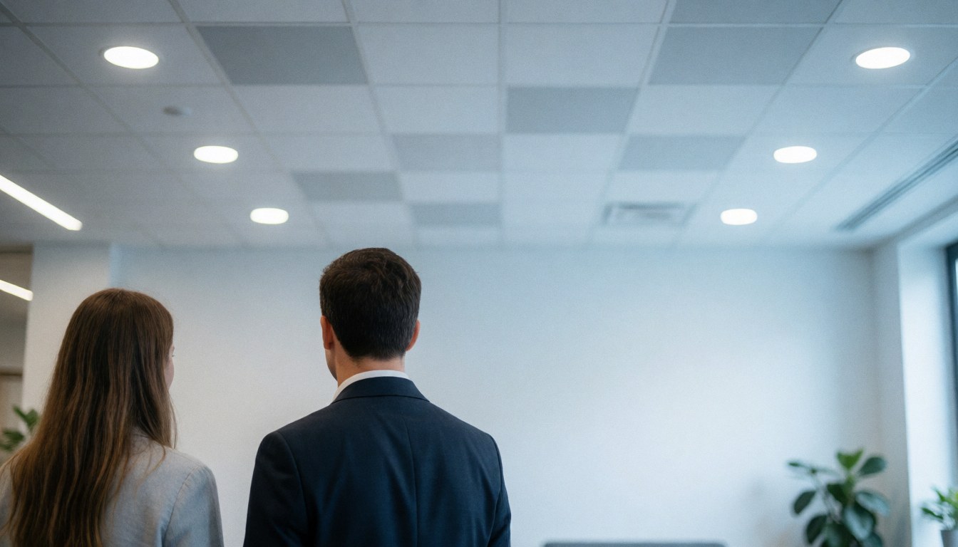 View of a modern office ceiling featuring recessed lights and white walls in a coworking space.