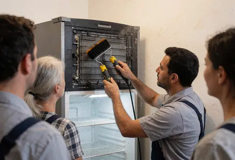 Technician in uniform cleaning refrigerator coils with a brush while three people observe the service in a kitchen.