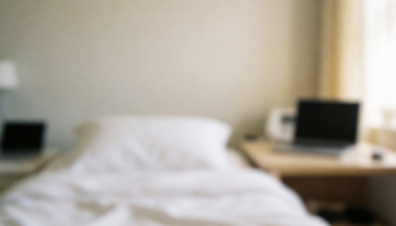 Soft focus background of a hotel room featuring a bed and nightstands with neutral walls and gentle lighting suitable for text overlay