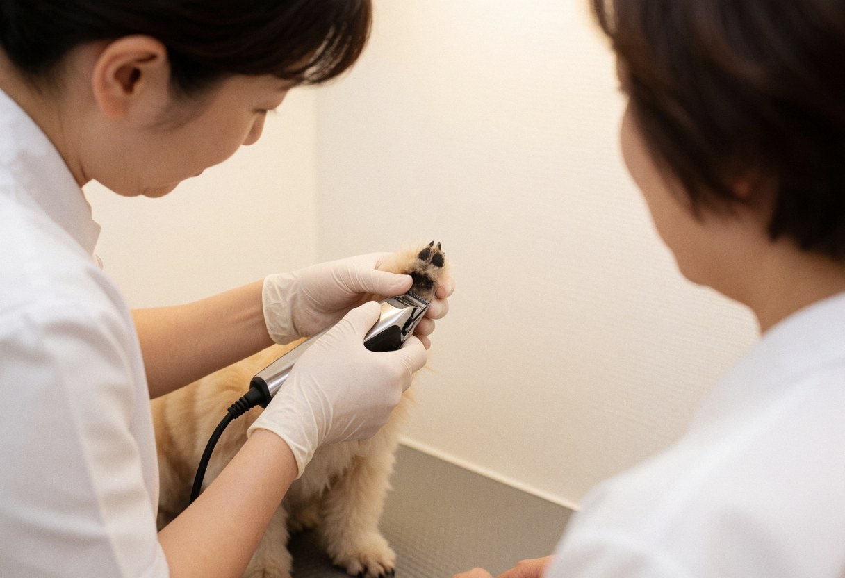 Close-up of a dog groomer using electric clippers to trim a dog's nails during a grooming session.