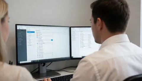 two computer monitors displaying an administration dashboard in a modern office setting for software and startup teams