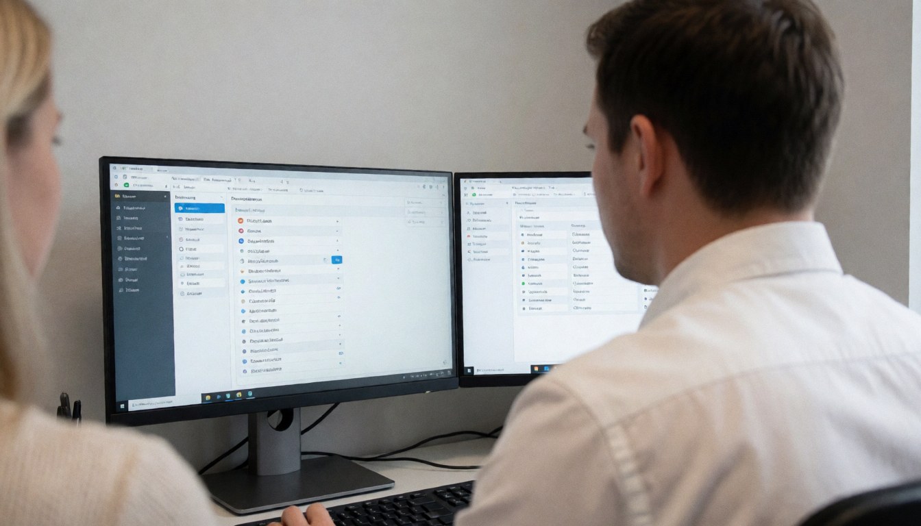 two computer monitors displaying an administration dashboard in a modern office setting for software and startup teams