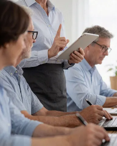 Business professional showing information on a tablet while colleagues work on laptops in a modern office setting.