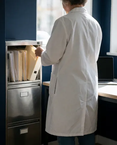 A professional in a white coat holding a file folder in an office with blue walls and natural light for hypnotherapy services.
