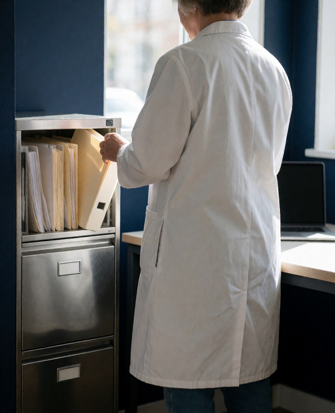 A professional in a white coat holding a file folder in an office with blue walls and natural light for hypnotherapy services.