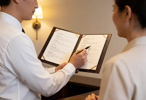 Hotel concierge displays an elegant leather-bound menu to a client in the lobby illuminated by wall lighting.