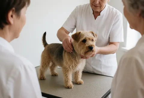 Professional groomer in white uniform grooming a terrier dog on a work table in a clean salon.