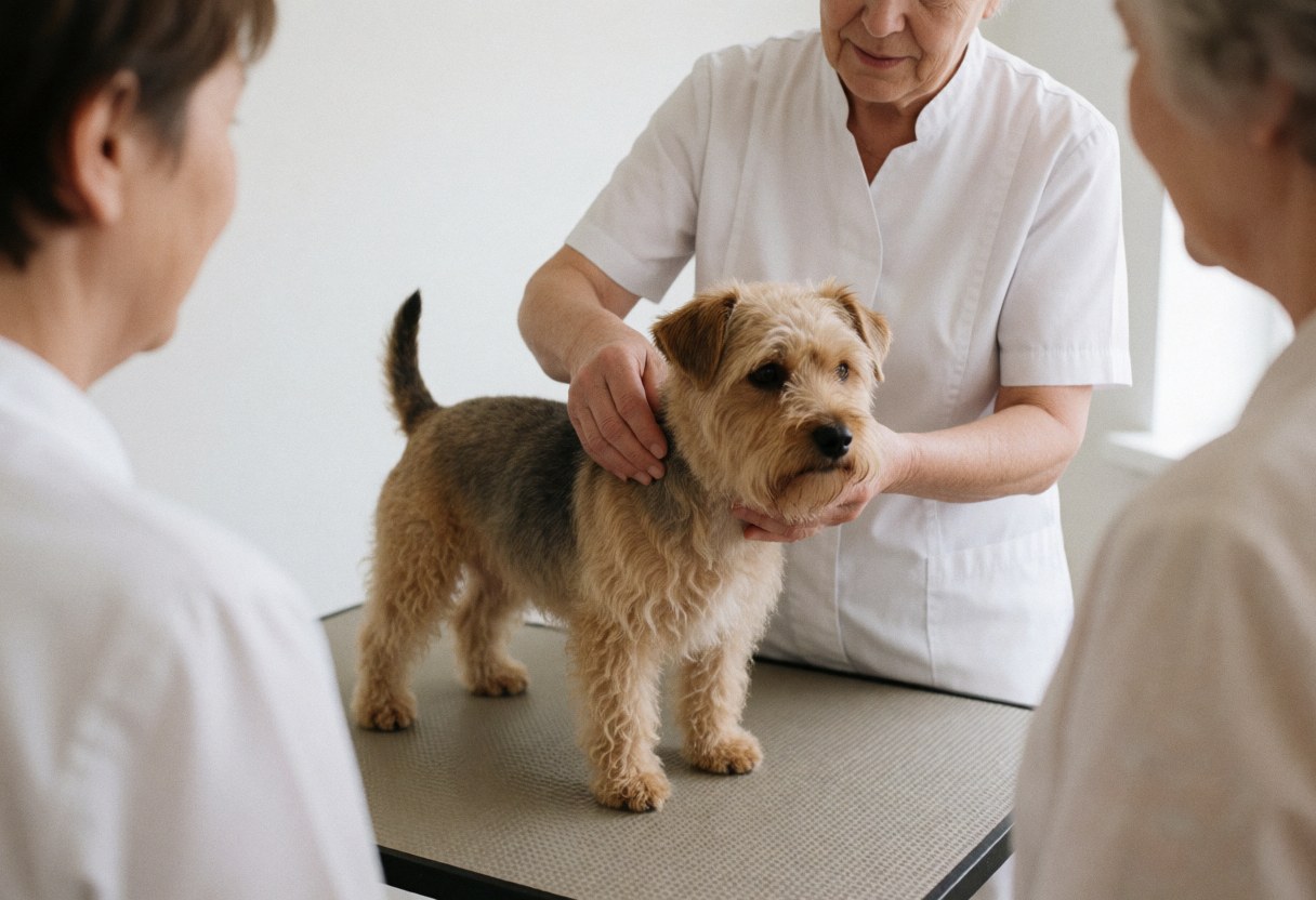Professional groomer in white uniform grooming a terrier dog on a work table in a clean salon.