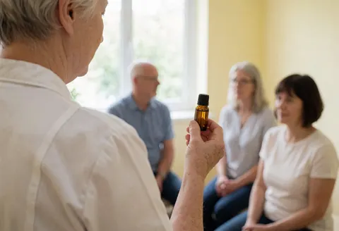 A therapist holds a bottle of essential oil while attending to seated seniors in a bright room with yellow walls and natural light.