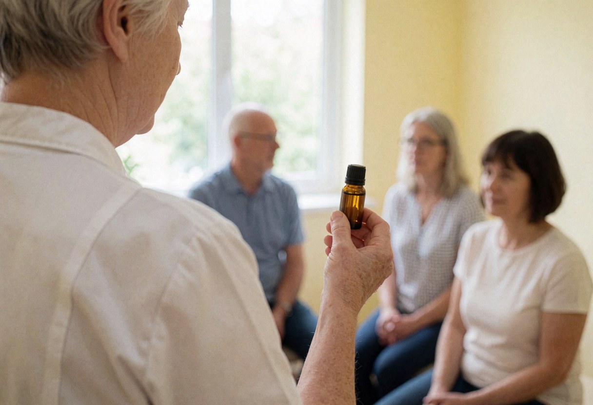 A therapist holds a bottle of essential oil while attending to seated seniors in a bright room with yellow walls and natural light.