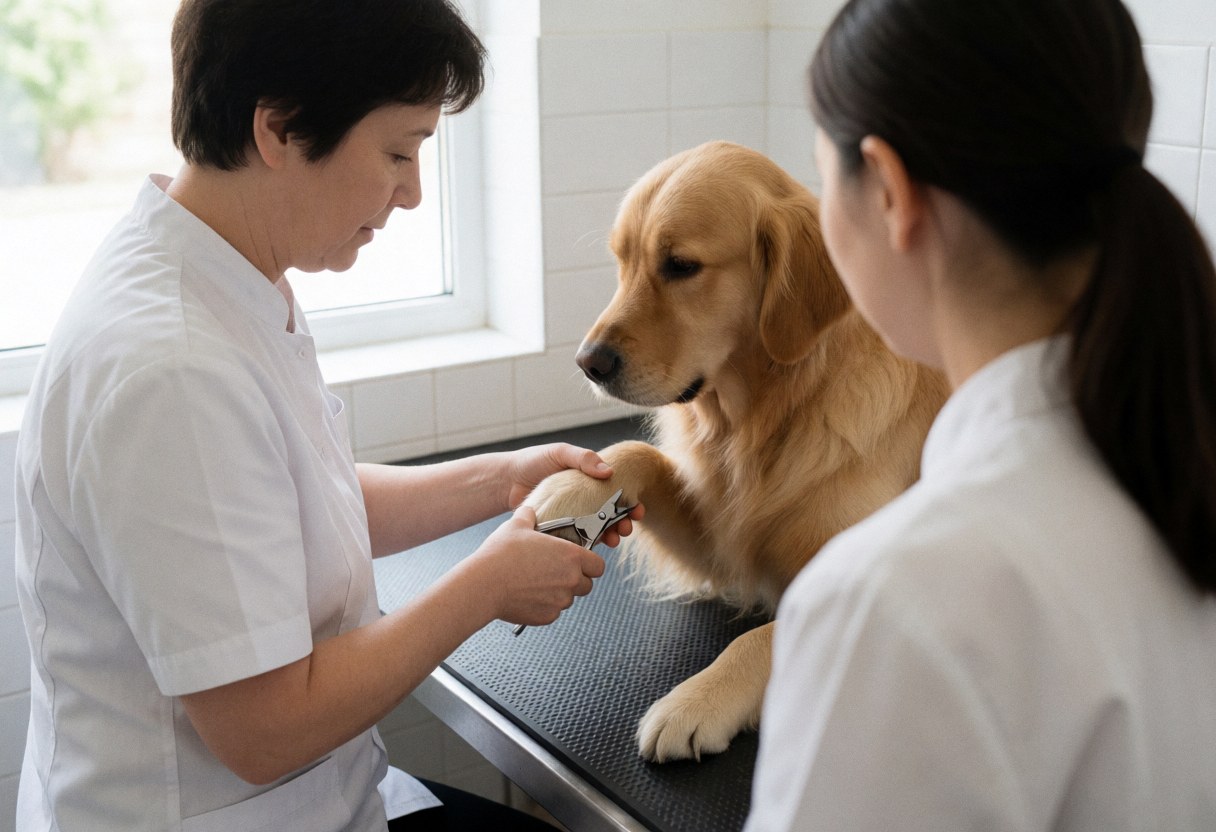 A groomer in a white uniform uses steel scissors to trim a dog's nails on a grooming table.