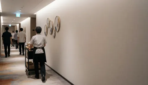 A cleaning employee pushes a service cart down a hotel hallway featuring wall art and warm lighting.