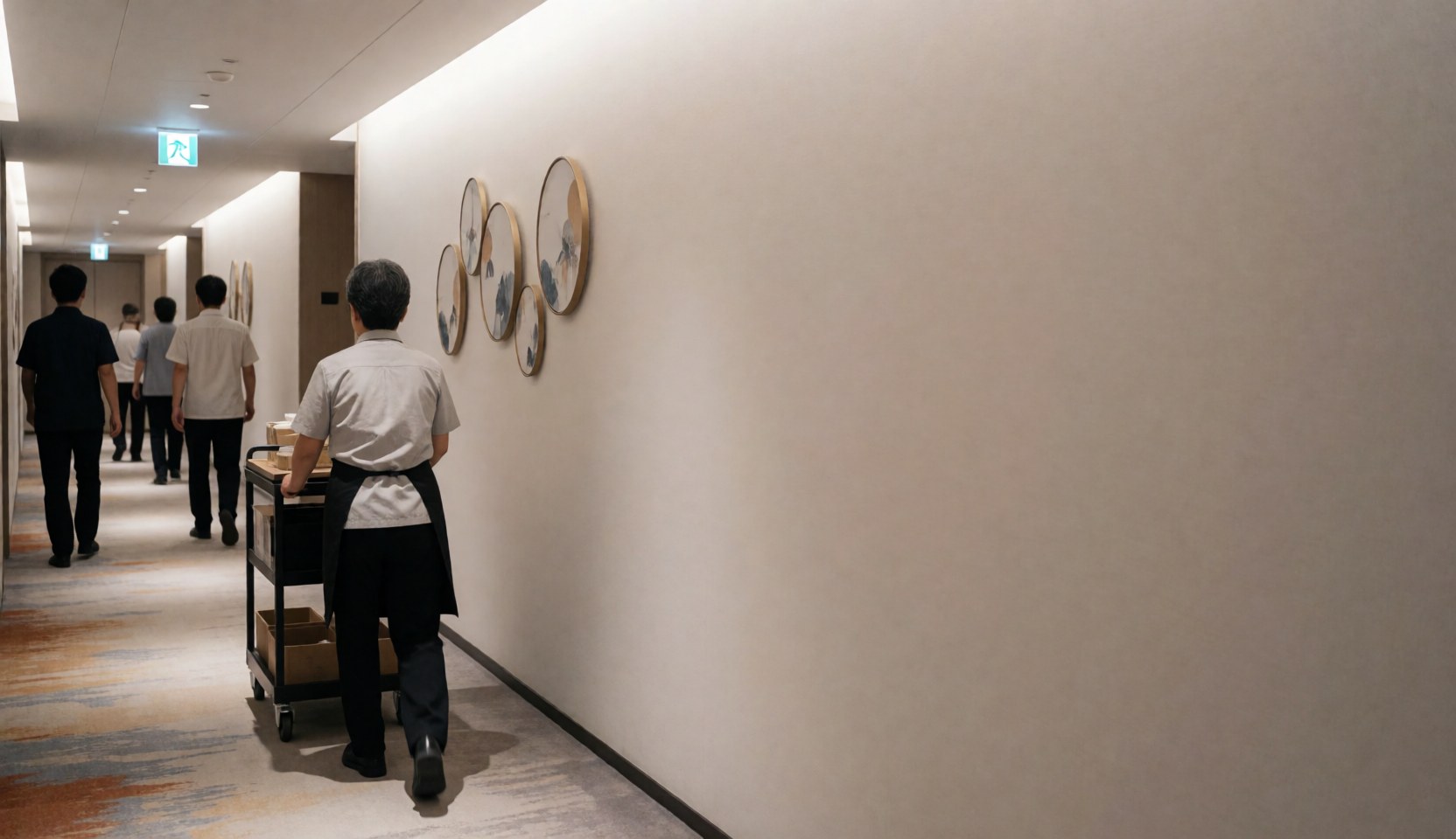 A cleaning employee pushes a service cart down a hotel hallway featuring wall art and warm lighting.