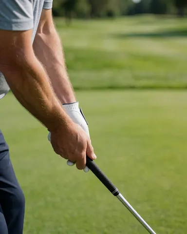 Close-up of a hand wearing a white golf glove gripping a golf club on a green course.