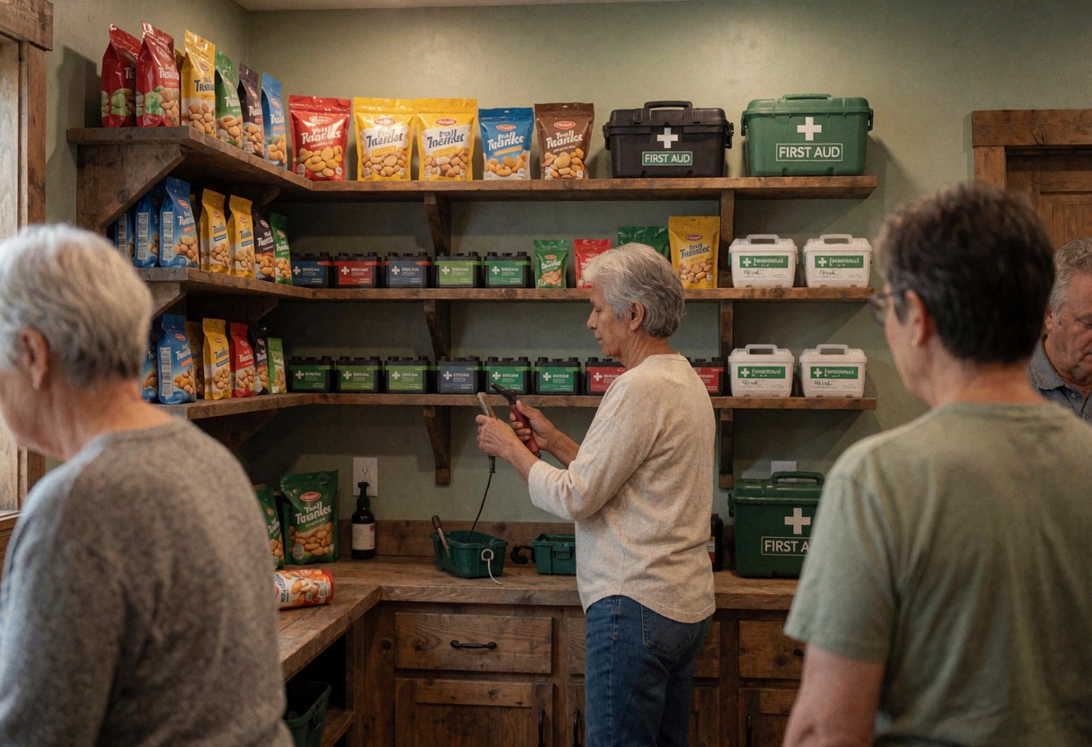 A person arranging shelves stocked with first aid kits and snacks inside a cozy, well-lit mountain hut with green walls and rustic wood.
