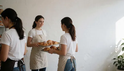 Three women in a bakery serving croissants on trays with white walls and natural light