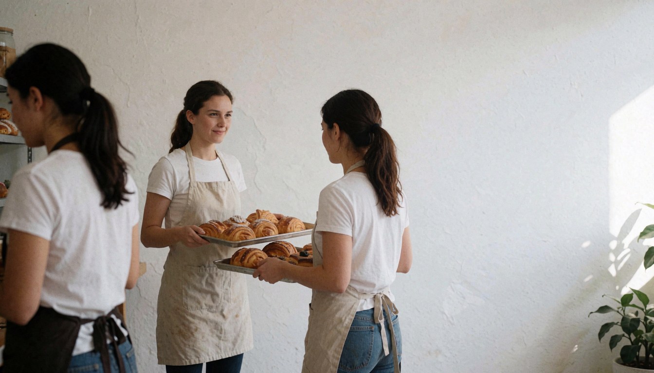 Three women in a bakery serving croissants on trays with white walls and natural light