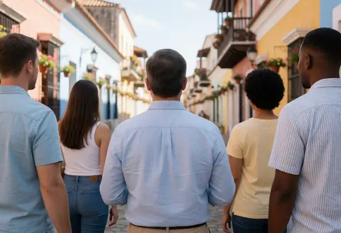 Group of tourists strolling along a colonial street with colorful facades and flower pots on balconies under bright sunlight.