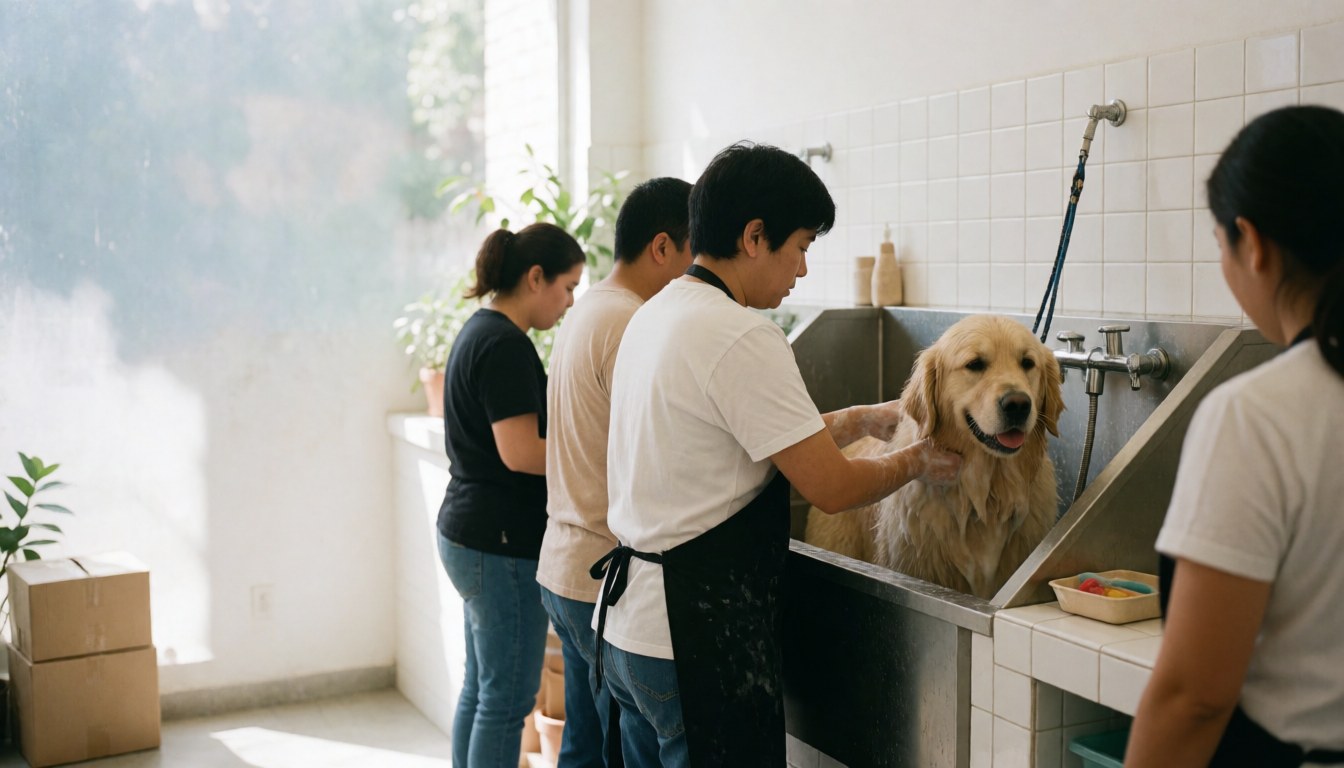 Professional groomer washing a golden retriever in a stainless steel tub at a dog grooming salon with white walls and natural light.