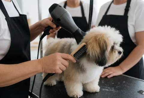 A professional groomer wearing an apron uses a hair dryer and comb on a dog at a grooming table against a clean white background.