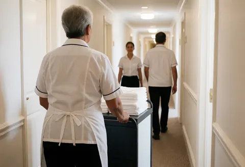 A hotel staff member pushes a cleaning cart filled with towels along a white corridor with recessed lighting.