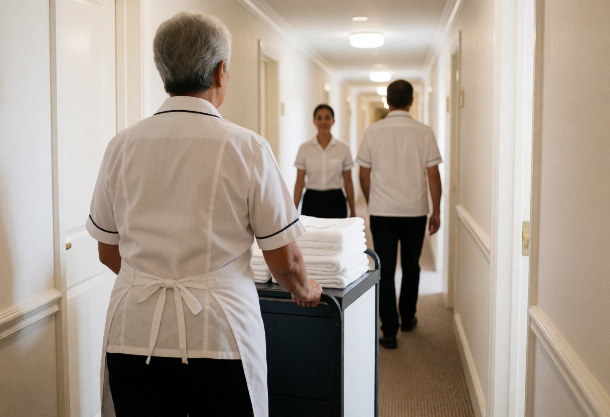 A hotel staff member pushes a cleaning cart filled with towels along a white corridor with recessed lighting.
