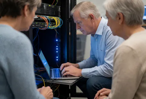 A technician inspects a server rack using a laptop while two clients watch nearby in an office setting.