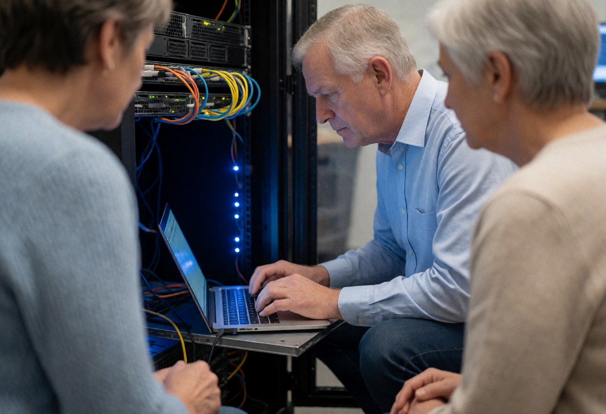 A technician inspects a server rack using a laptop while two clients watch nearby in an office setting.