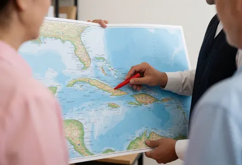 A travel agent points to a location on a Caribbean map while clients watch in an office setting.