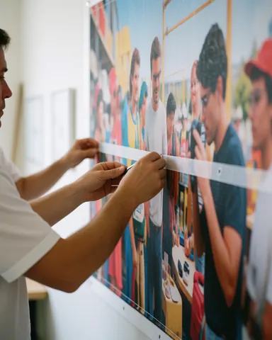 A customer checks a newly installed mesh banner on a white wall, adjusting tension with their hands in a realistic commercial setting.