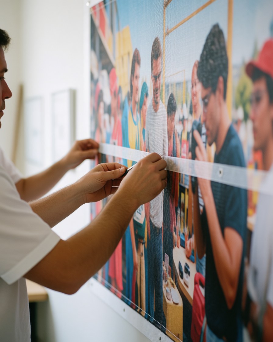 A customer checks a newly installed mesh banner on a white wall, adjusting tension with their hands in a realistic commercial setting.