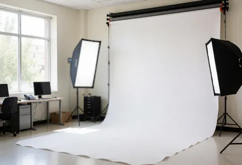 An empty photography studio featuring a seamless curved white background, softboxes, and natural light from a window, ideal for professional portraits.