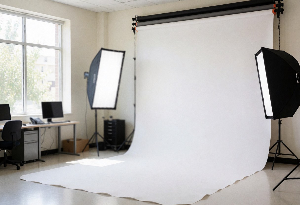 An empty photography studio featuring a seamless curved white background, softboxes, and natural light from a window, ideal for professional portraits.