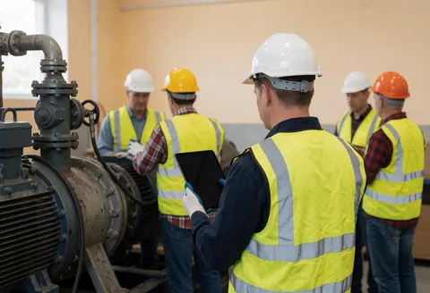 Technician in yellow vest checking hydraulic pump with tablet in industrial workshop for elevator repair service