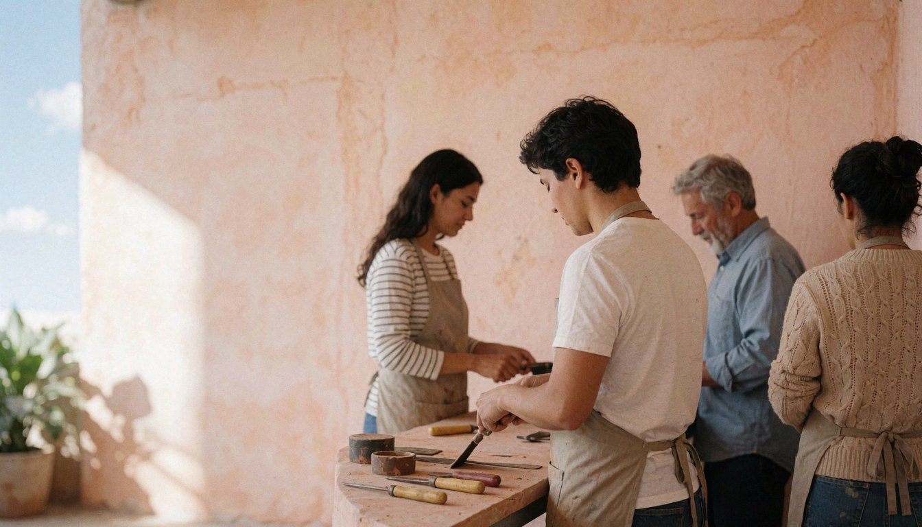 Four people work on a hand carving workshop with terracotta plaster walls and natural light using wooden and metal tools