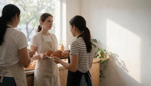 Three women serving cake with a tray in a bakery with natural light and white walls.
