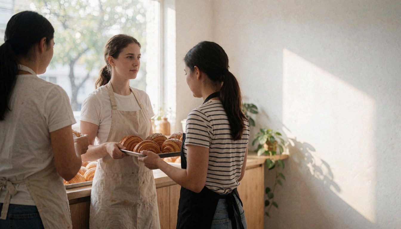 Three women serving cake with a tray in a bakery with natural light and white walls.