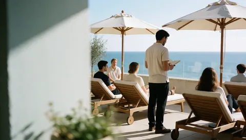 Hotel terrace featuring beach chairs and umbrellas overlooking the ocean, with guests relaxing and staff providing service.