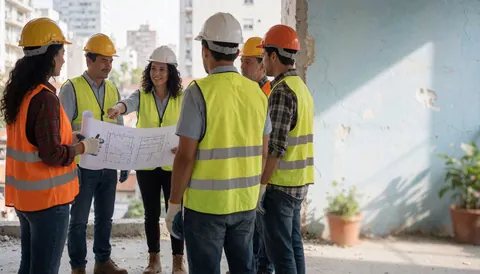 Architects in safety vests reviewing plans under natural light at a construction site.