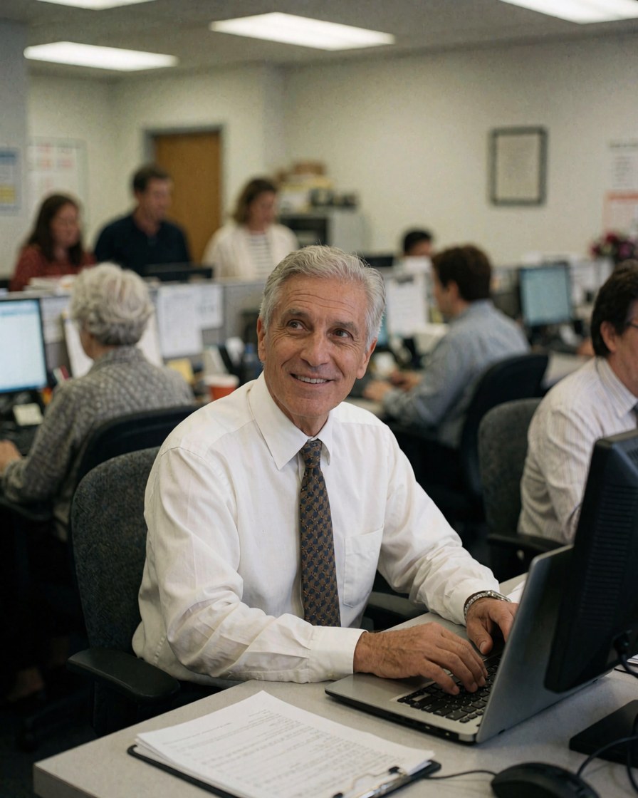 A smiling professional man using a laptop at his desk with colleagues visible in the background of a modern corporate workspace.