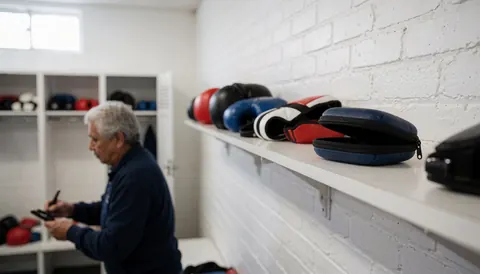 Boxing gloves and protective mouthguard case resting on a shelf against a white brick wall in a clean gym setting