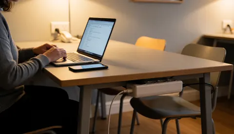 A person using a computer in a hostel with warm lighting, wooden table and light gray wall.