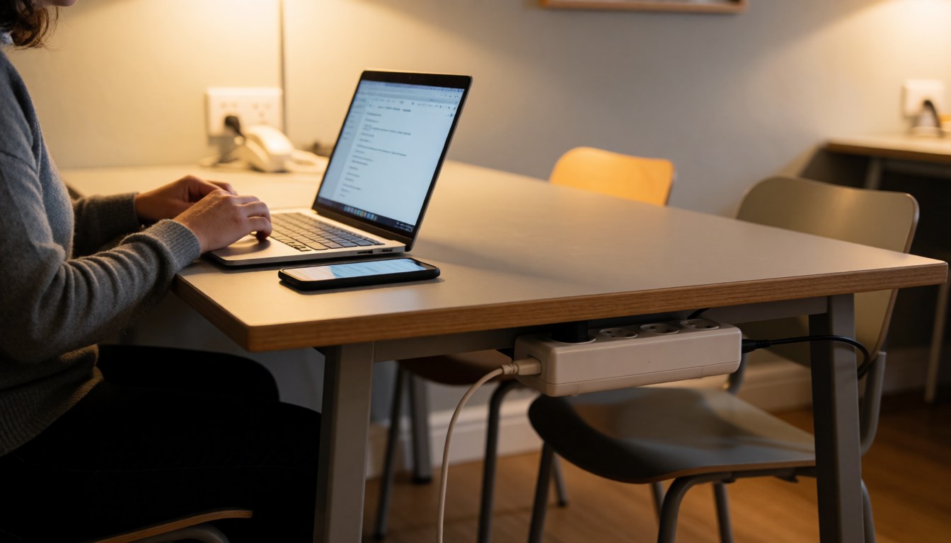 A person using a computer in a hostel with warm lighting, wooden table and light gray wall.