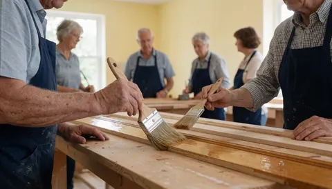 Workers in a carpentry shop apply varnish with brushes onto light wood crossbeams against pale yellow walls.