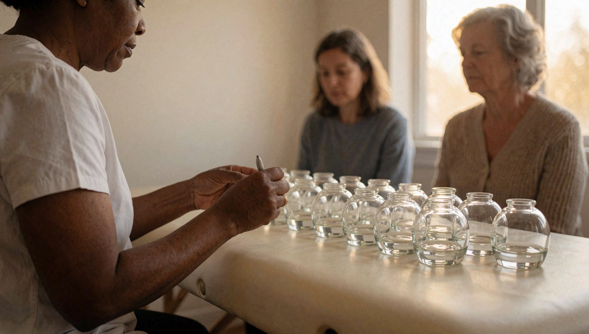 A therapist arranging cupping jars on a treatment table while two patients watch in a warm clinical setting.